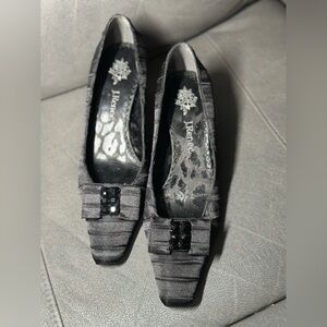 J. Renee black pleated fabric pumps with a bow and embellishment at the toe